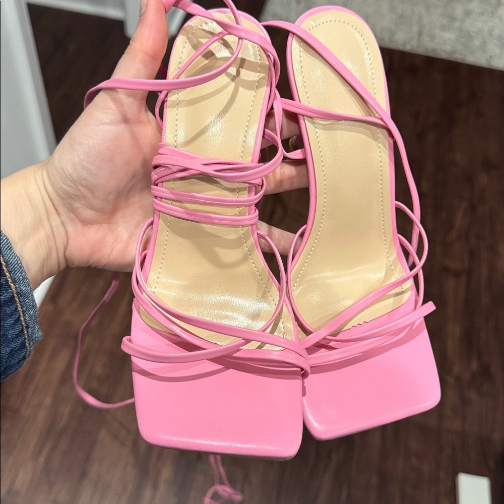 Powder Baby Pink Square Toe Wrap String Heels - Picture 1 of 6